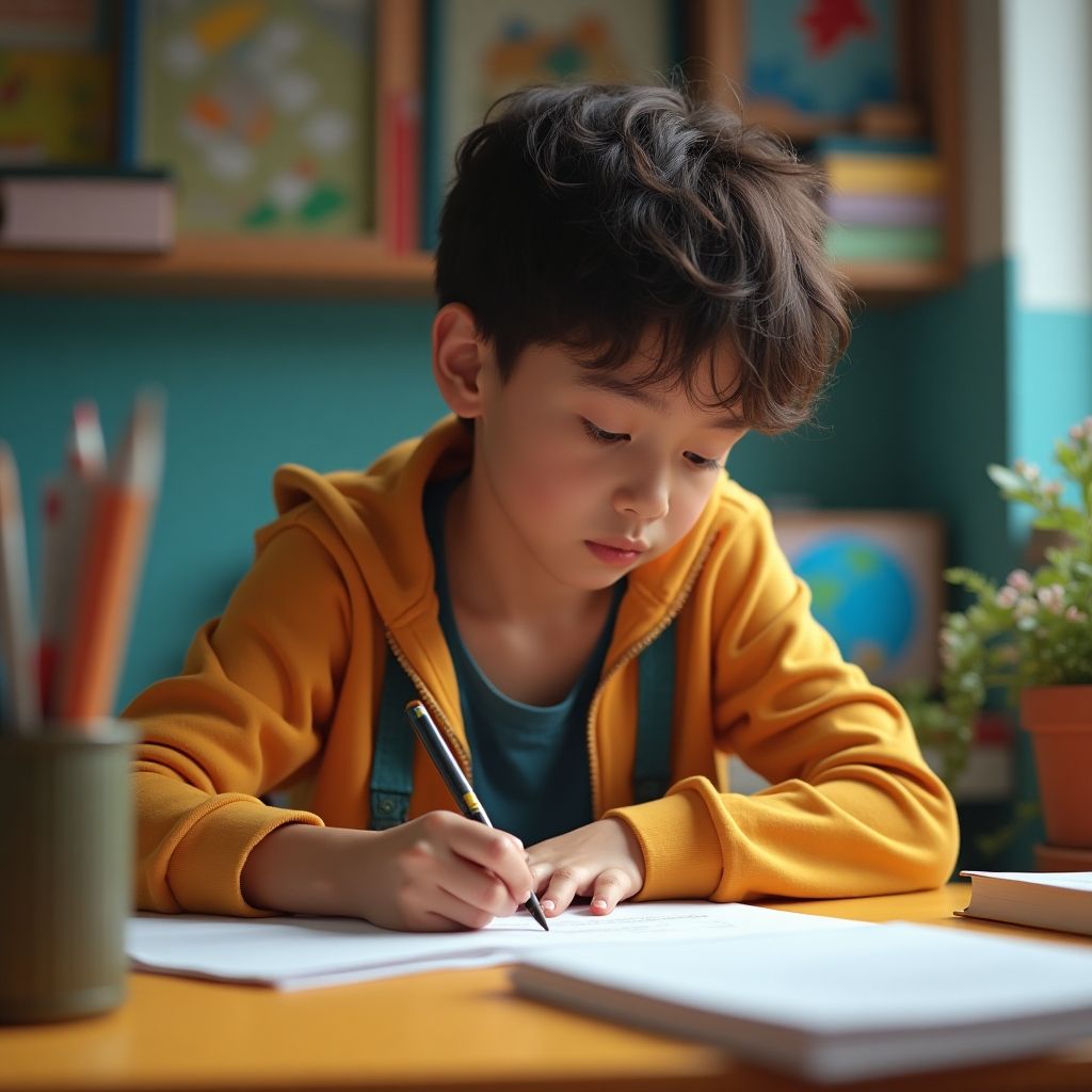 Estudiante concentrado escribiendo en un entorno vibrante.