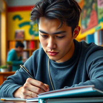 University student writing in a vibrant study environment.