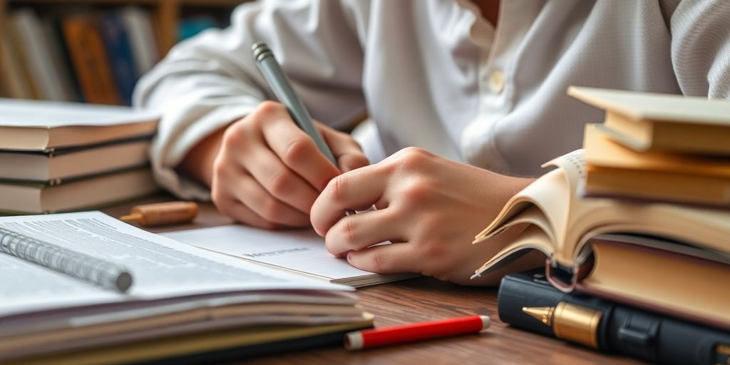 Student writing notes with books and stationery around.