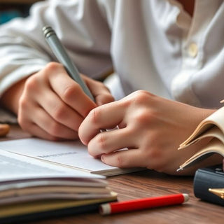 Student writing notes with books and stationery around.