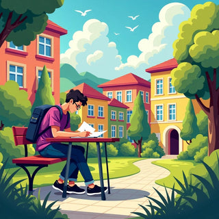 Student studying in a colorful university setting.