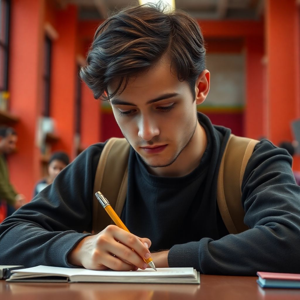 University student writing in a vibrant study environment.