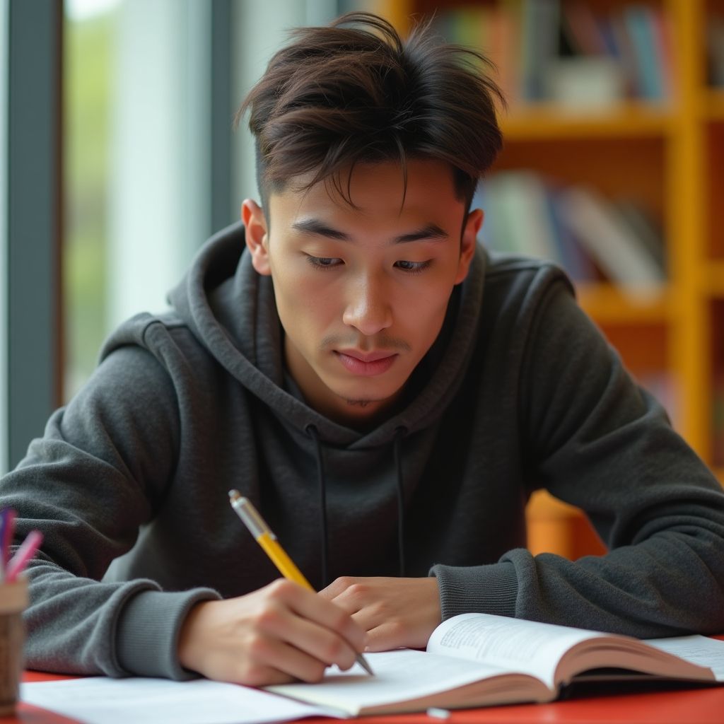 University student writing in a vibrant study space.