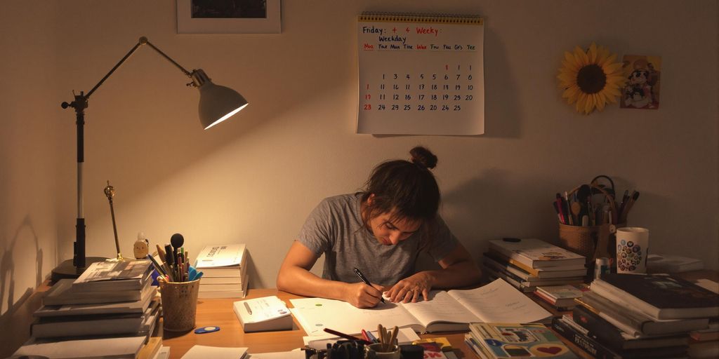 Person writing at a desk with books and notes.