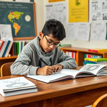 Student writing at a desk with colourful graphics