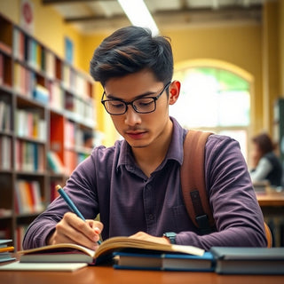 University student writing in a vibrant study environment.