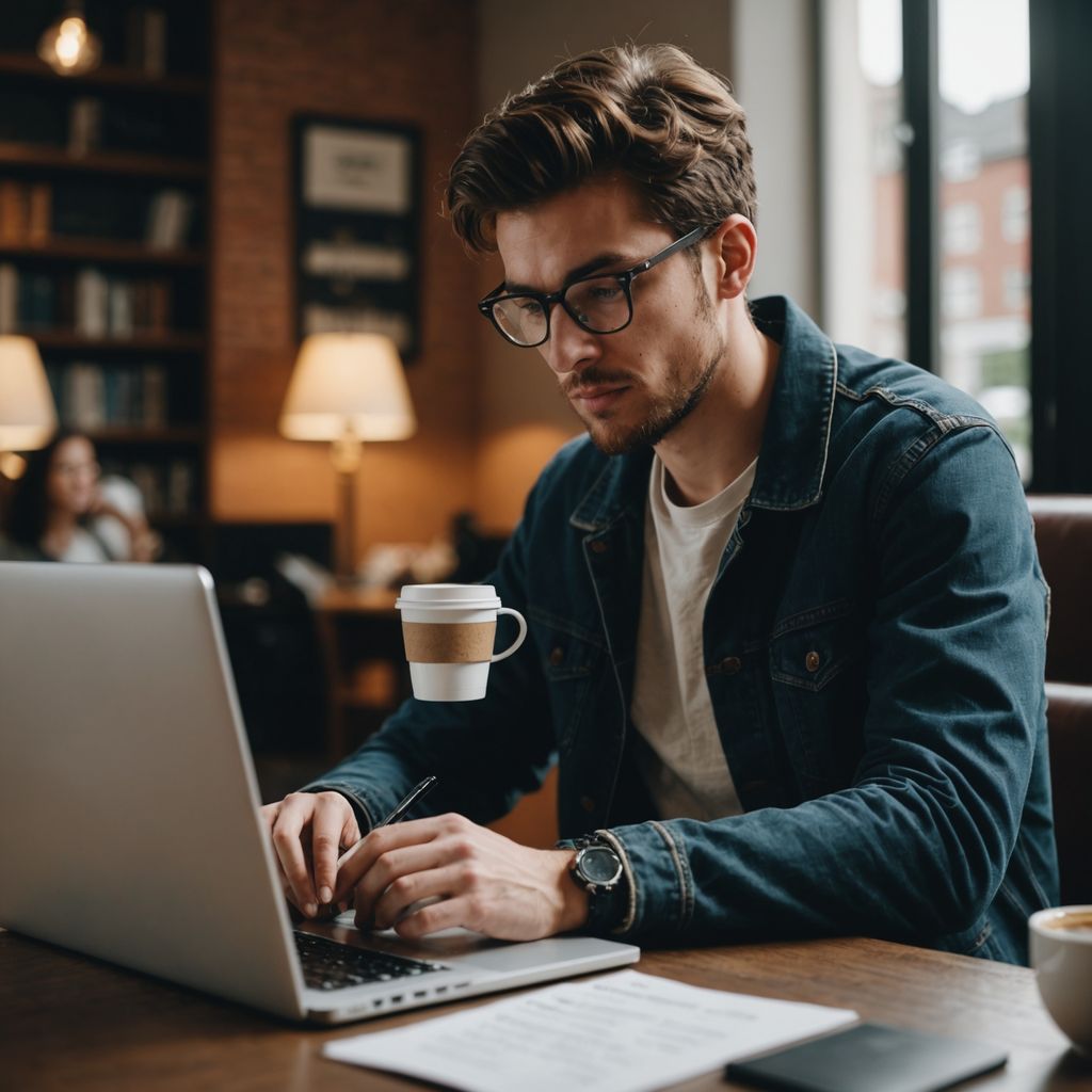 Student writing thesis on laptop with coffee