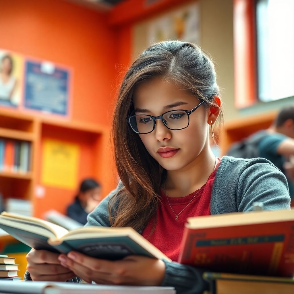 University student reading in a vibrant study environment.