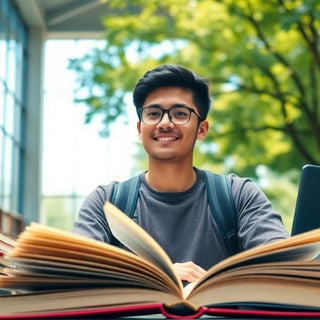 University student in vibrant campus environment with books.