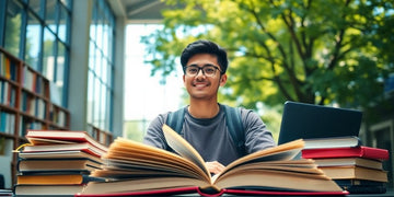 University student in vibrant campus environment with books.