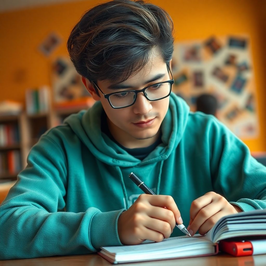 University student engaged in writing in a vibrant setting.