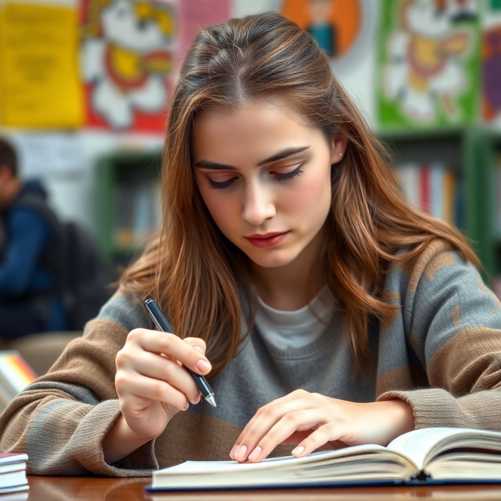 Estudiante universitario concentrado en escribir en un entorno vibrante.