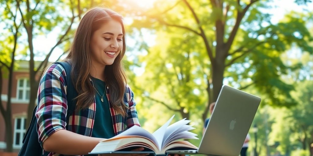 University student studying in a vibrant campus environment.