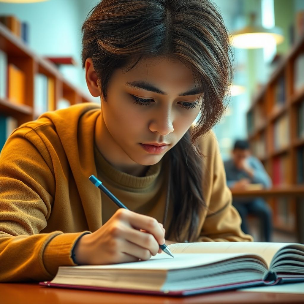 University student writing in a colorful study environment.