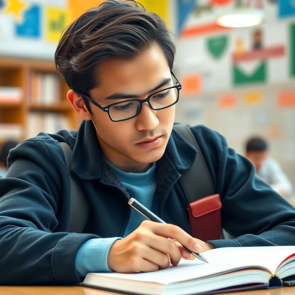 Estudiante universitario concentrado en una actividad académica.