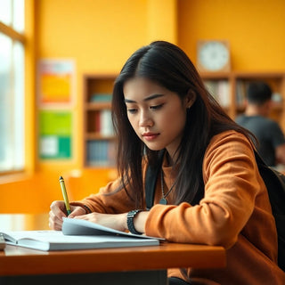 University student writing in a vibrant, colorful study space.