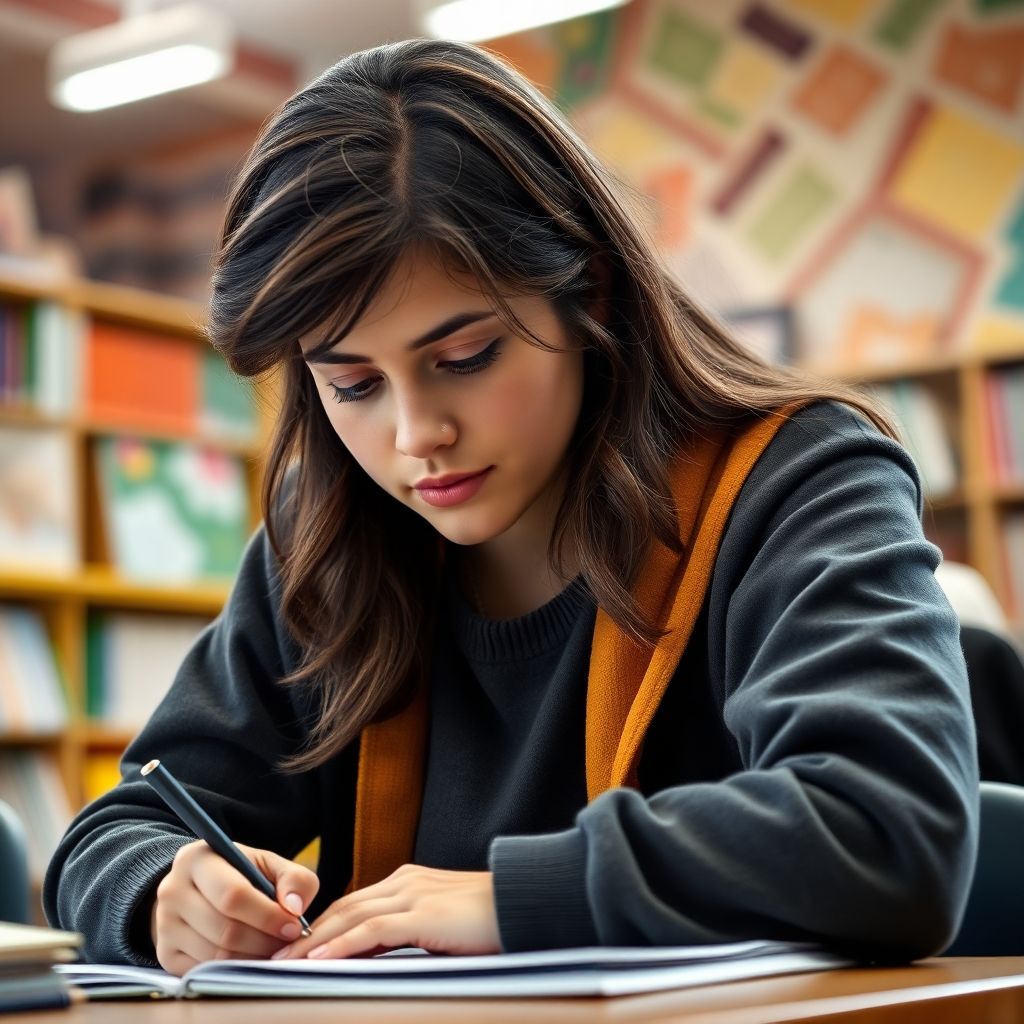 विश्वविद्यालय का छात्र एक जीवंत वातावरण में लिख रहा है।