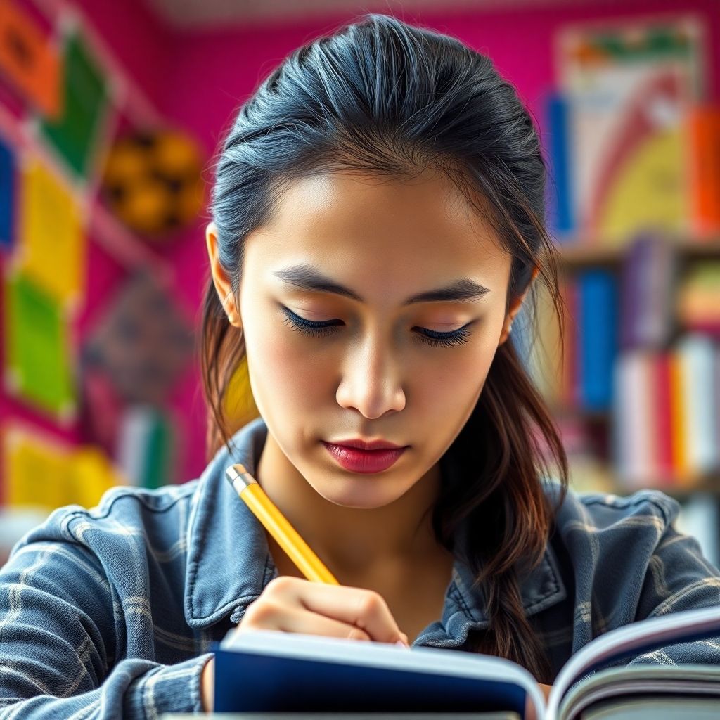 University student writing in a vibrant study environment.