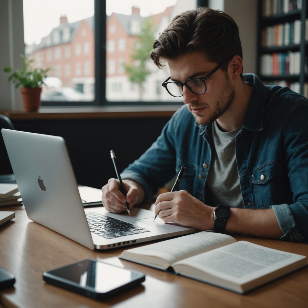 Student writing research proposal with books and laptop