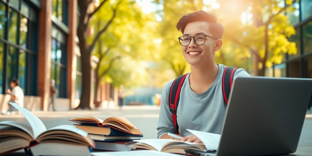 Estudante universitário em um campus vibrante e dinâmico.