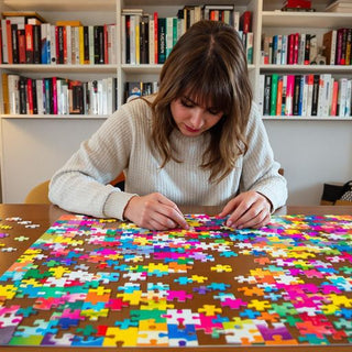 Person solving puzzles in a cozy study setting.