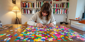 Person solving puzzles in a cozy study setting.