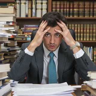 Confused student with law books in a study setting.