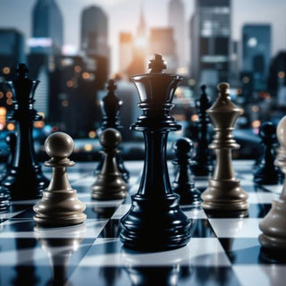 Chess pieces on a board with a city skyline background.