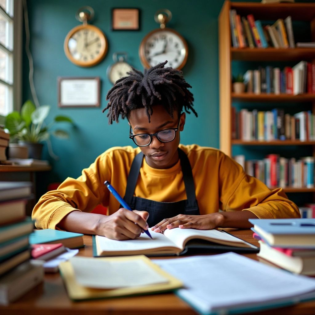 Estudiante trabajando en una disertación con libros y notas.