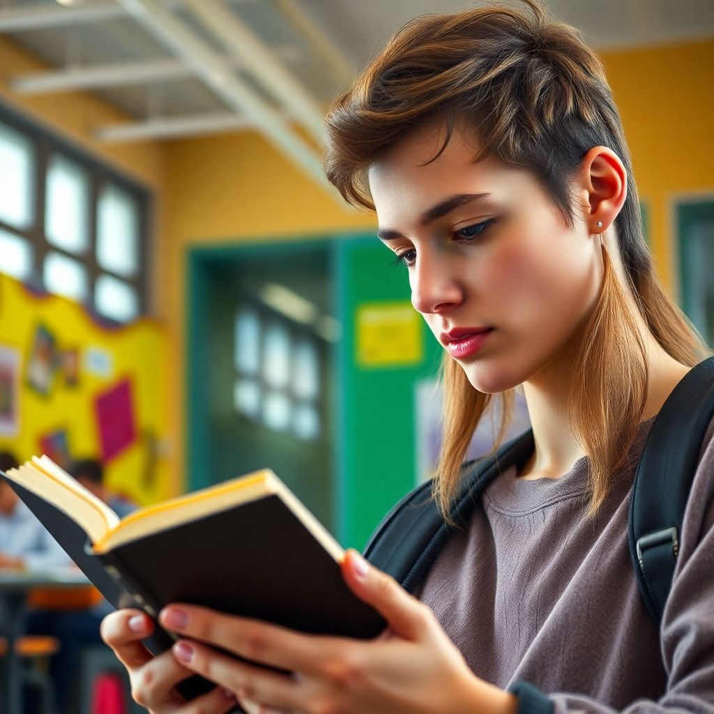 University student reading in a vibrant study environment.