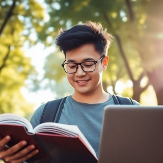 University student studying with books and laptop outdoors.