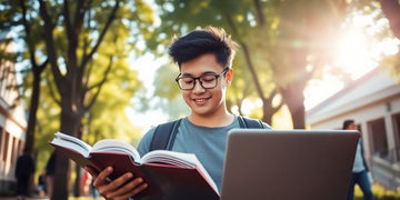 University student studying with books and laptop outdoors.