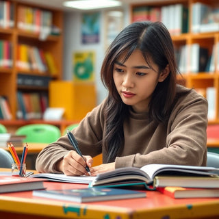 University student writing at a vibrant desk.