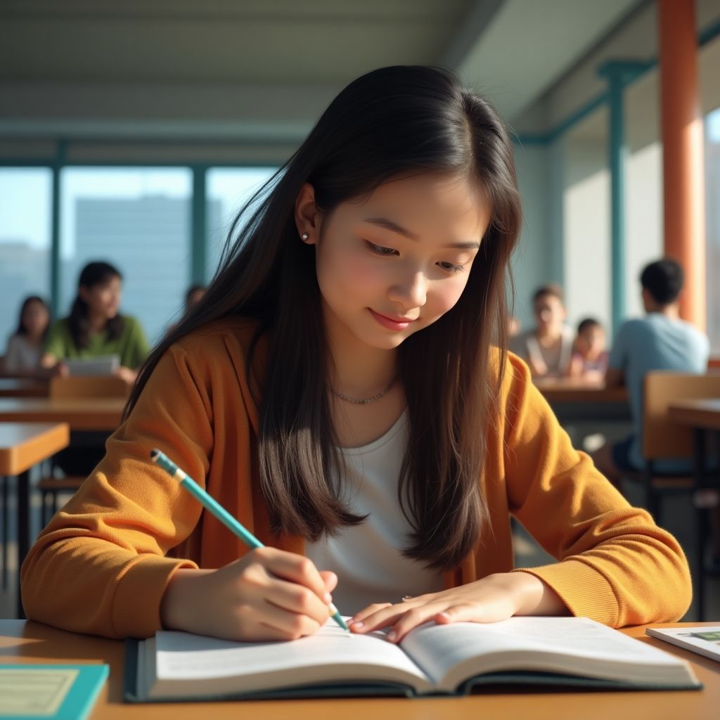 University student reading in a vibrant environment.