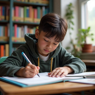 University student writing at a desk in vibrant setting.