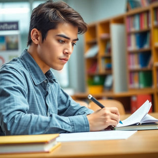 University student writing in a vibrant study environment.