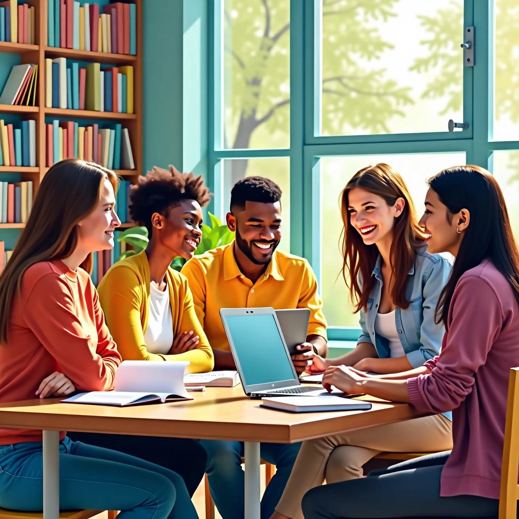 Estudiantes colaborando en proyectos académicos en un entorno vibrante.