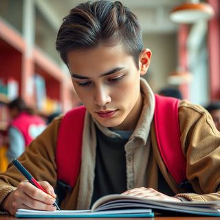 University student writing in a vibrant, colorful setting.