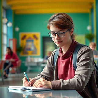 Estudante universitário escrevendo em um ambiente colorido.