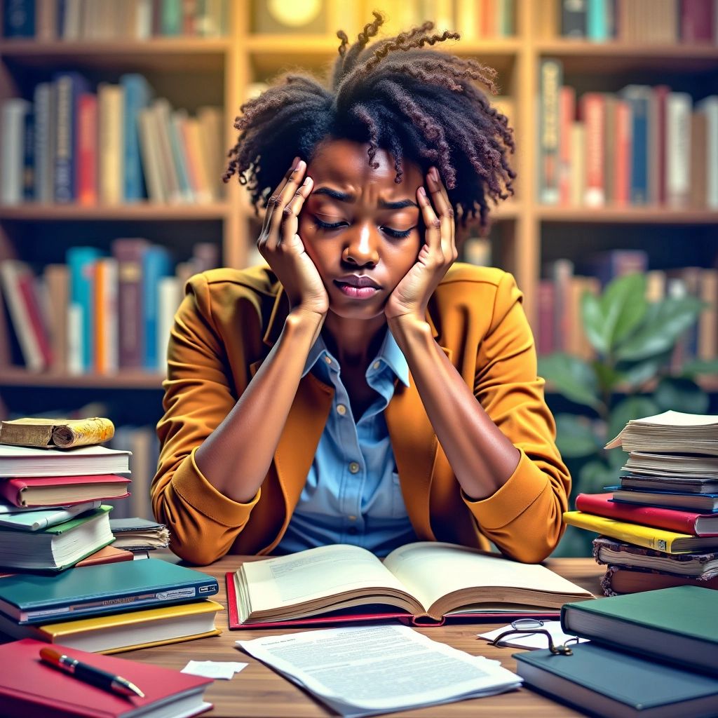 Stressed student working on PhD dissertation amidst books.