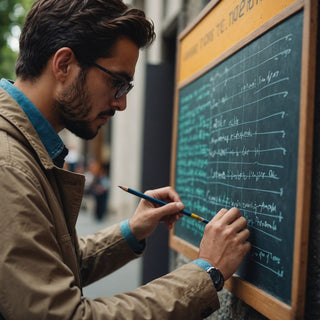 Persona creando un esquema de tesis en una pizarra.