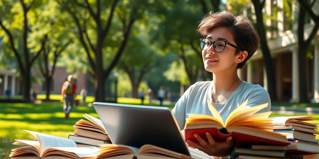 University student studying with books and laptop in nature.