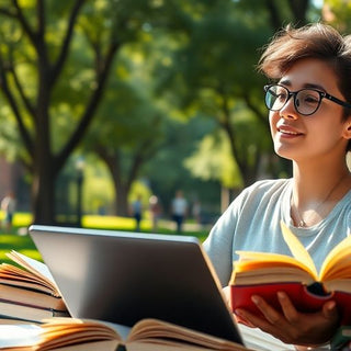 University student studying with books and laptop in nature.