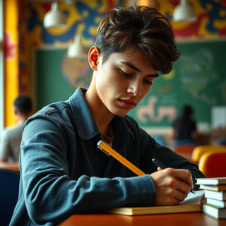 University student writing in a vibrant study space.