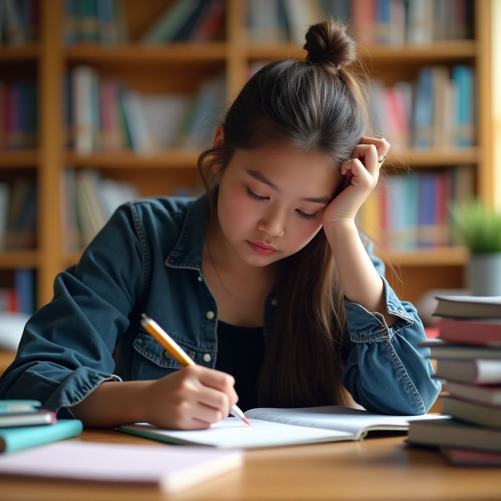 University student writing in a vibrant study environment.