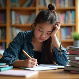 University student writing in a vibrant study environment.