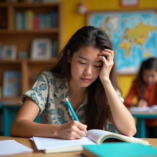 University student writing in a vibrant study environment.