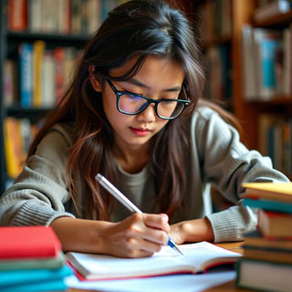 Estudiante trabajando en la tesis con materiales coloridos alrededor.