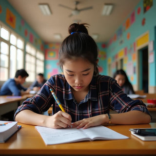 University student writing in a vibrant, colorful study space.