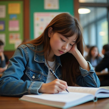 University student focused on studying in vibrant environment.